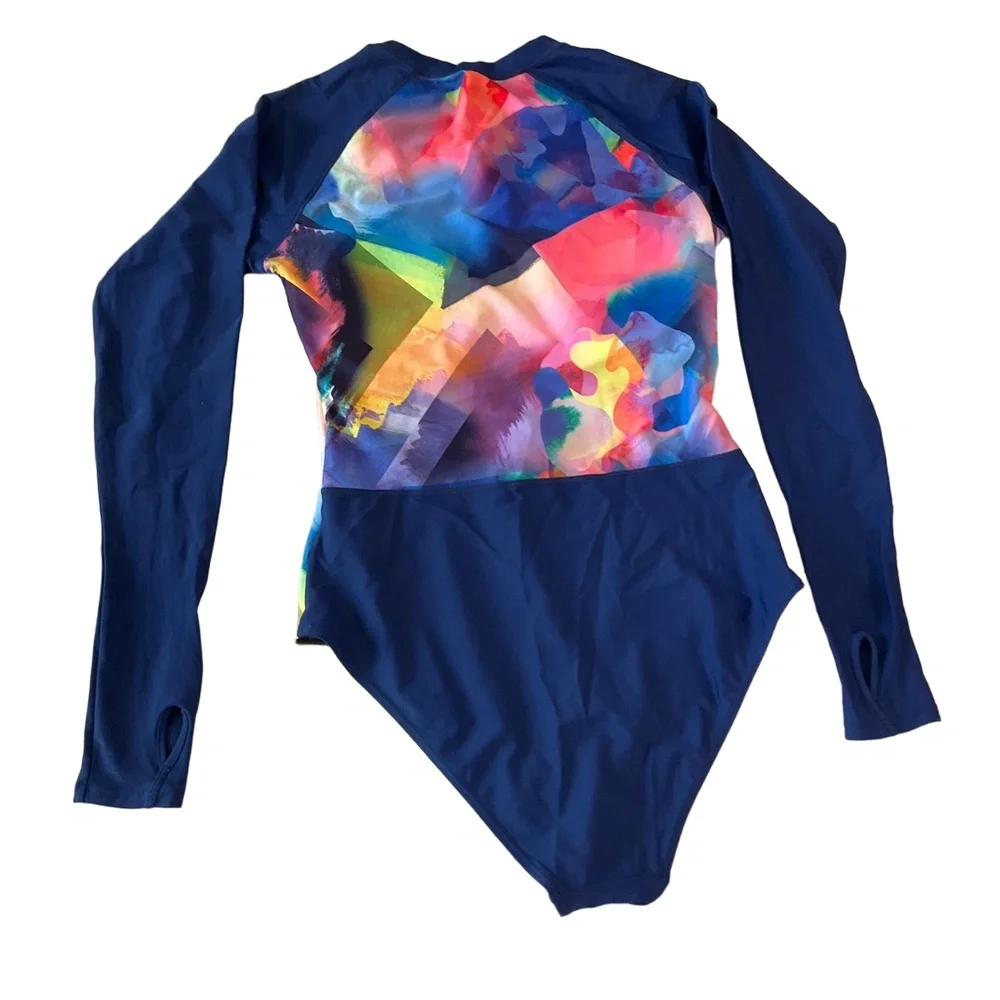 AXESEA Blue Long Sleeve Front Zip Rash Guard Accents OnePiece Swimsuit Size‎ 10
